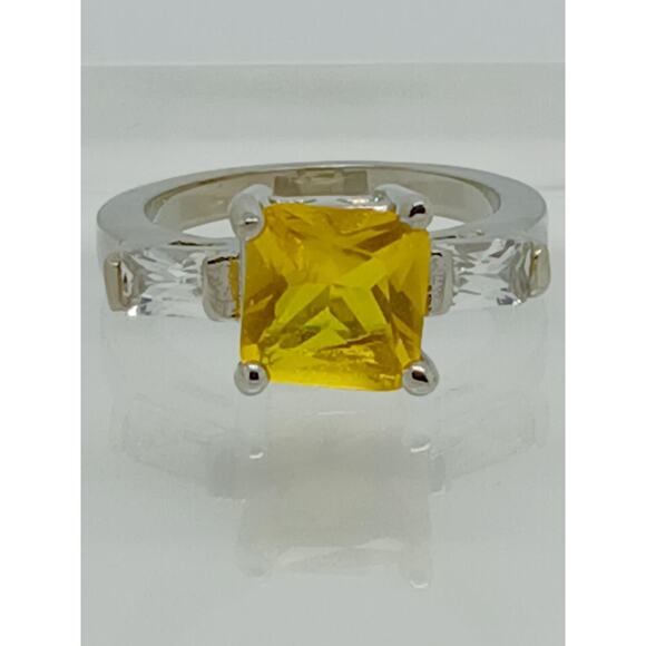 White Gold GP Canary Yellow Princess Cut Sim Diamond CZ Engagement Ring Size 6 - Picture 4 of 10